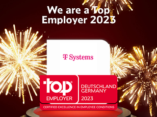 T-Systems and Top Employer logos on podium with fireworks in the background