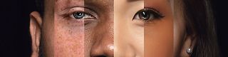 Gesicht, das sich aus den Gesichtern mehrerer männlicher und weiblicher Personen verschiedener Hautfarben zusammensetzt.