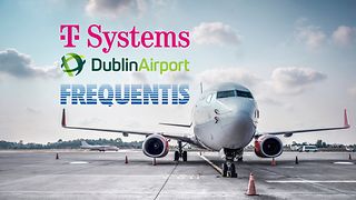Flugzeug mit drei Logos von T-Systems, Airport Dublin und Frequentis.