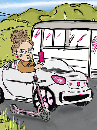 Drawing René Jeroch: Woman arrives in car at connected train stop.