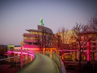 Das T auf dem Dach der Bonner Telekom Zentrale leuchtet grün. 
