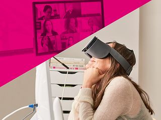 Woman uses VR headset at work