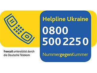Das Logo der neuen Helpline mit Rufnummer in den ukrainischen Nationalfarben Gelb und Blau. 