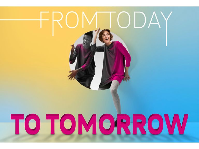 Two women step through a circle, from the "world of today" into the "world of tomorrow".