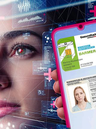 Gesundheitskarte und Personalausweis auf einem Handy-Bildschirm. Im Hintergrund eine digitalisierte Person.
