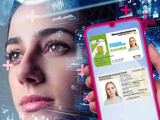 health insurance card and an ID card on a smartphone screen, background shows a digitalized person.