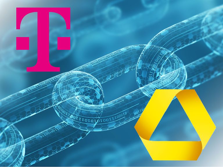 Chain motif with corporate logos of Commerzbank and Deutsche Telekom