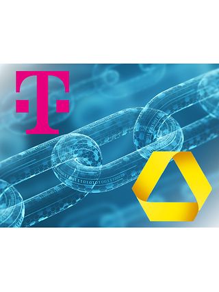 Chain motif with corporate logos of Commerzbank and Deutsche Telekom