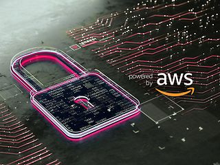 Abstract picture of padlock and AWS logo imbedded into magenta-coloured circuit board.