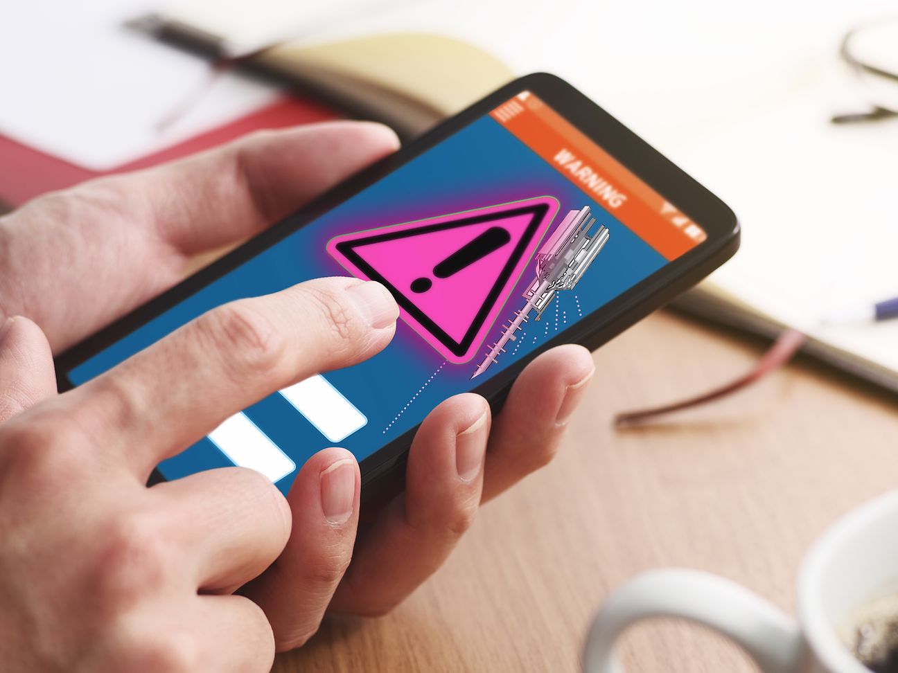 Smartphone with a warning symbol and a radio tower broadcasting the warning message.