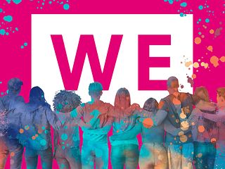 The word "WE" can be seen as text, and in front of it is a group of people arm in arm.
