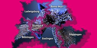 Karte mit den Umrissen der Landkreise und der Landeshauptstadt in der Gigabit Region Stuttgart.