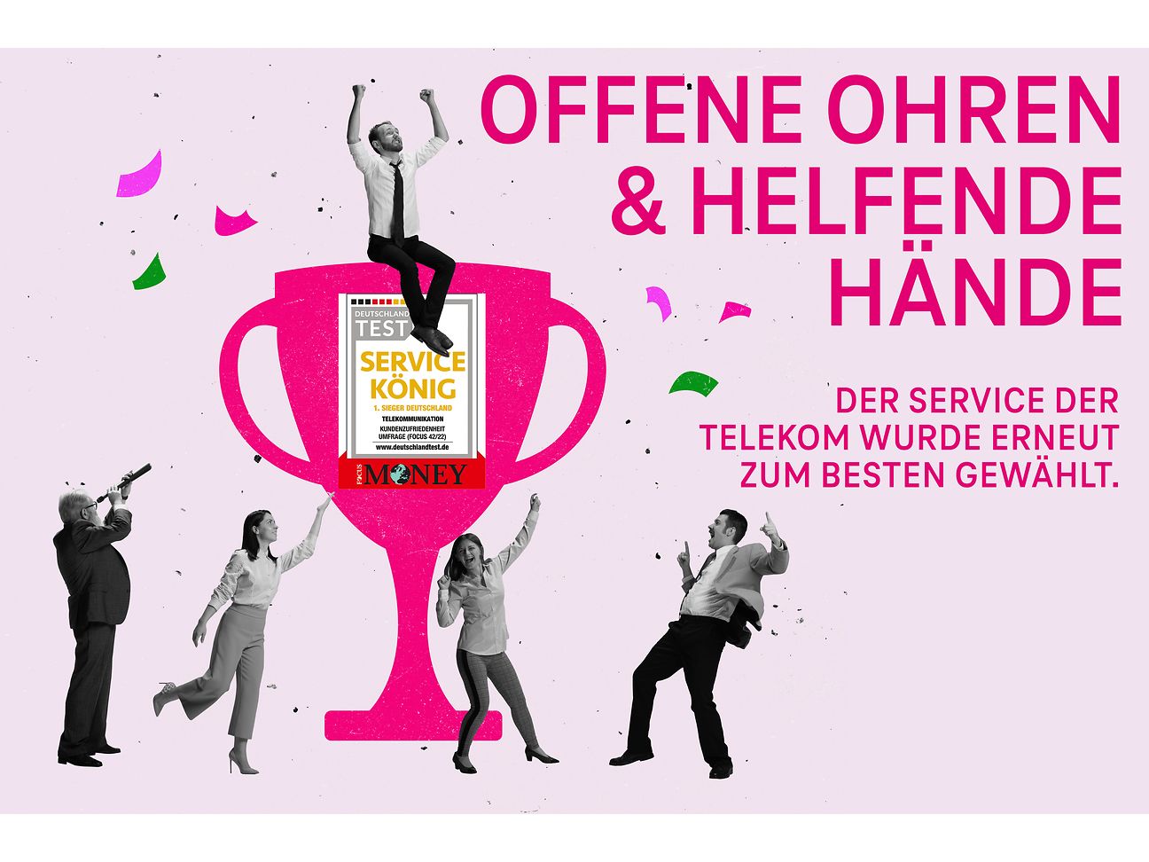 Die Illustration zeigt einen Pokal mit dem Testsiegel von Focus Money. Darum gruppiert sind einige Kundinnen und Kunden. 