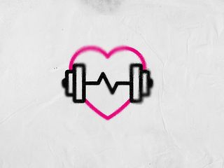 Two-colour icon with a dumbbell and a heart.