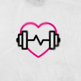 Two-colour icon with a dumbbell and a heart.
