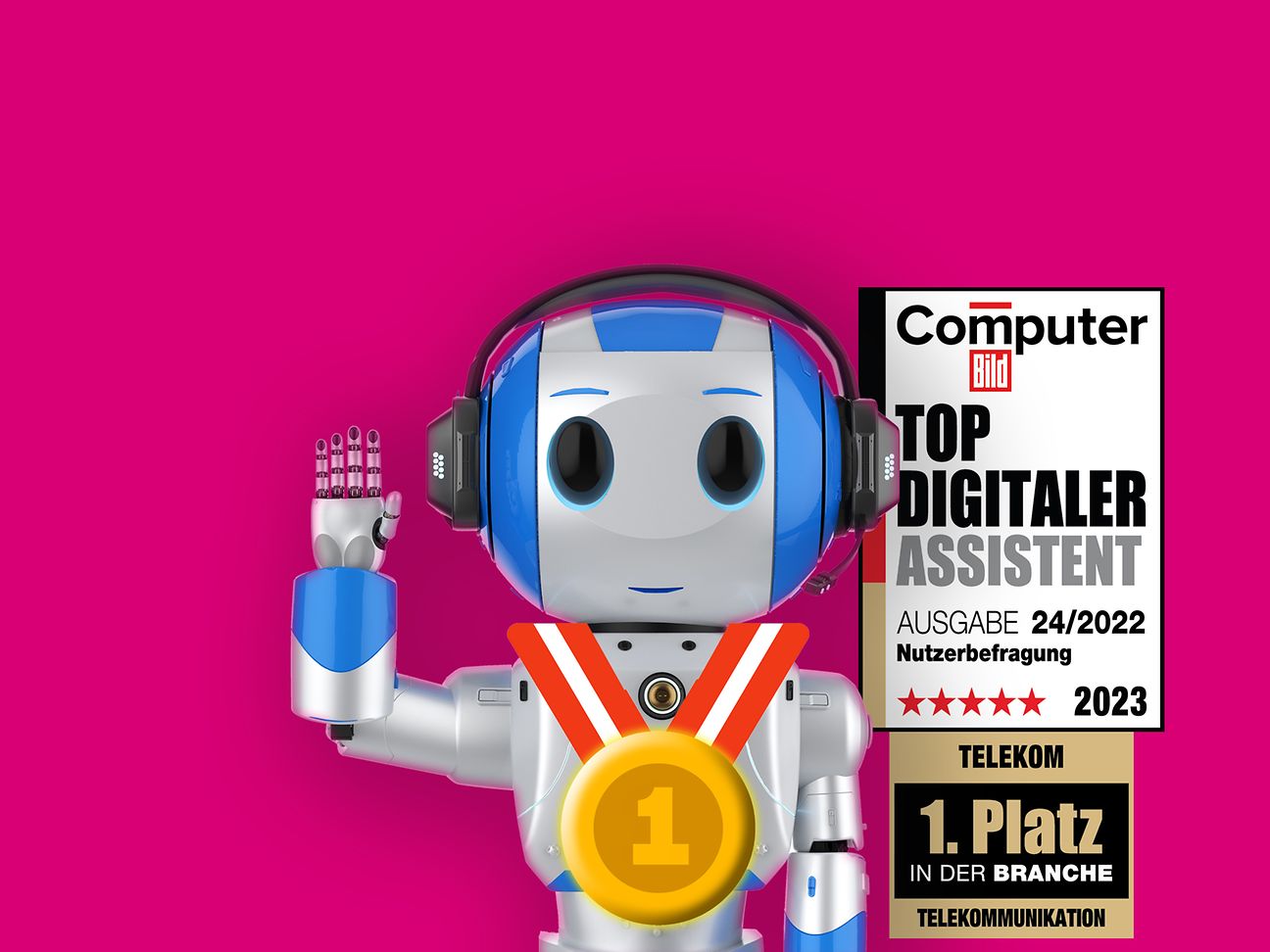 Die Grafik zeigt einen Roboter mit Kopfhörern, der eine Siegermedaille umgehängt hat und dem Betrachter zuwinkt.