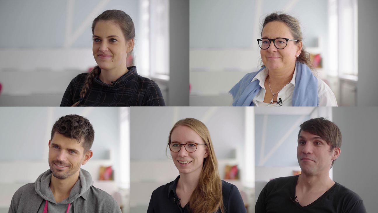 Bildzusammenstellung von fünf Personen, die interviewt werden