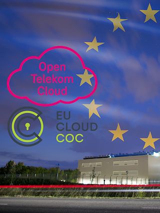 T-Systems’ data center in Biere. Superimposed the Open Telekom Cloud logo and the European Union flag.