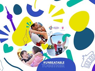 Young athletes embedded in the graphic depiction of Berlin landmarks together with the hashtag #TOGETHERWEAREUNBEATABLE