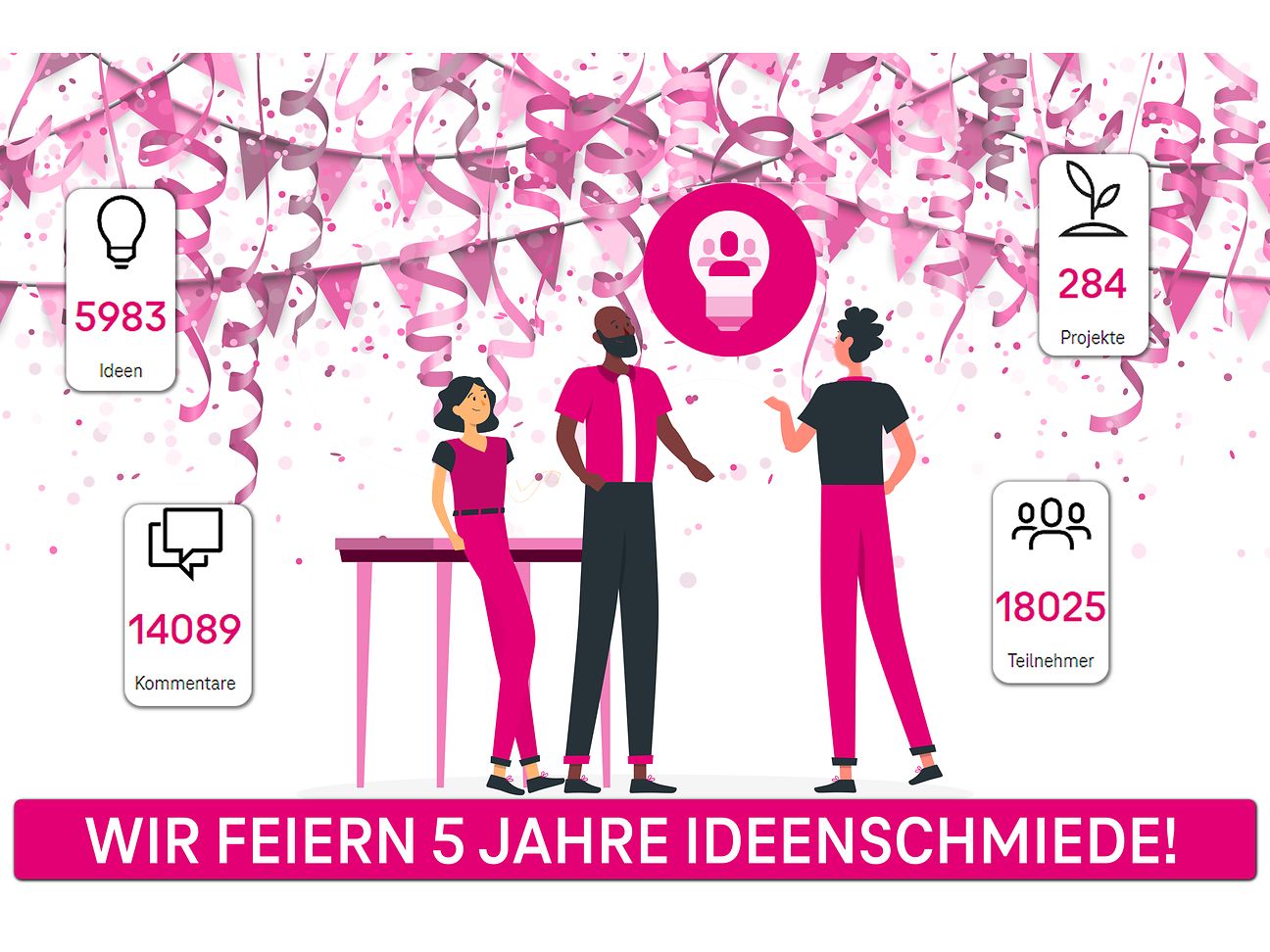Die Grafik in Magenta- und Grautönen zeigt eine Gruppe von diskutierenden Menschen umgeben von Girlanden. 