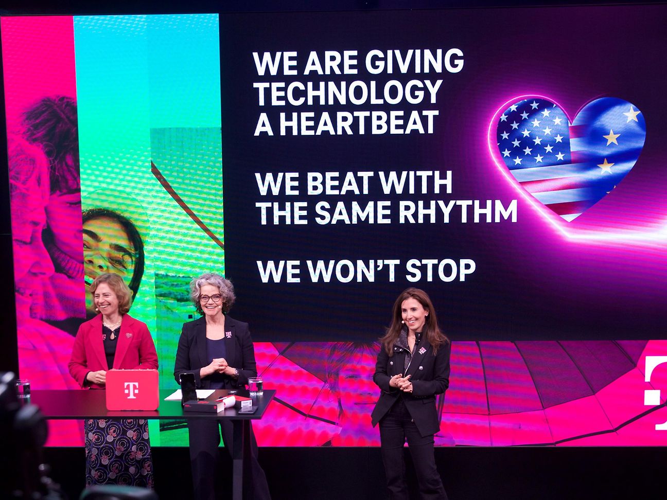 MWC Barcelona 2023 (© DTAG) Claudia Nemat, Dominique Leroy and Mishka Dehghan