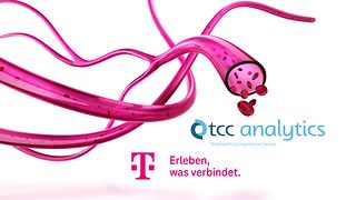 Logos von Telekom und TCC Analytics vor Grafik mit Blutbahnen