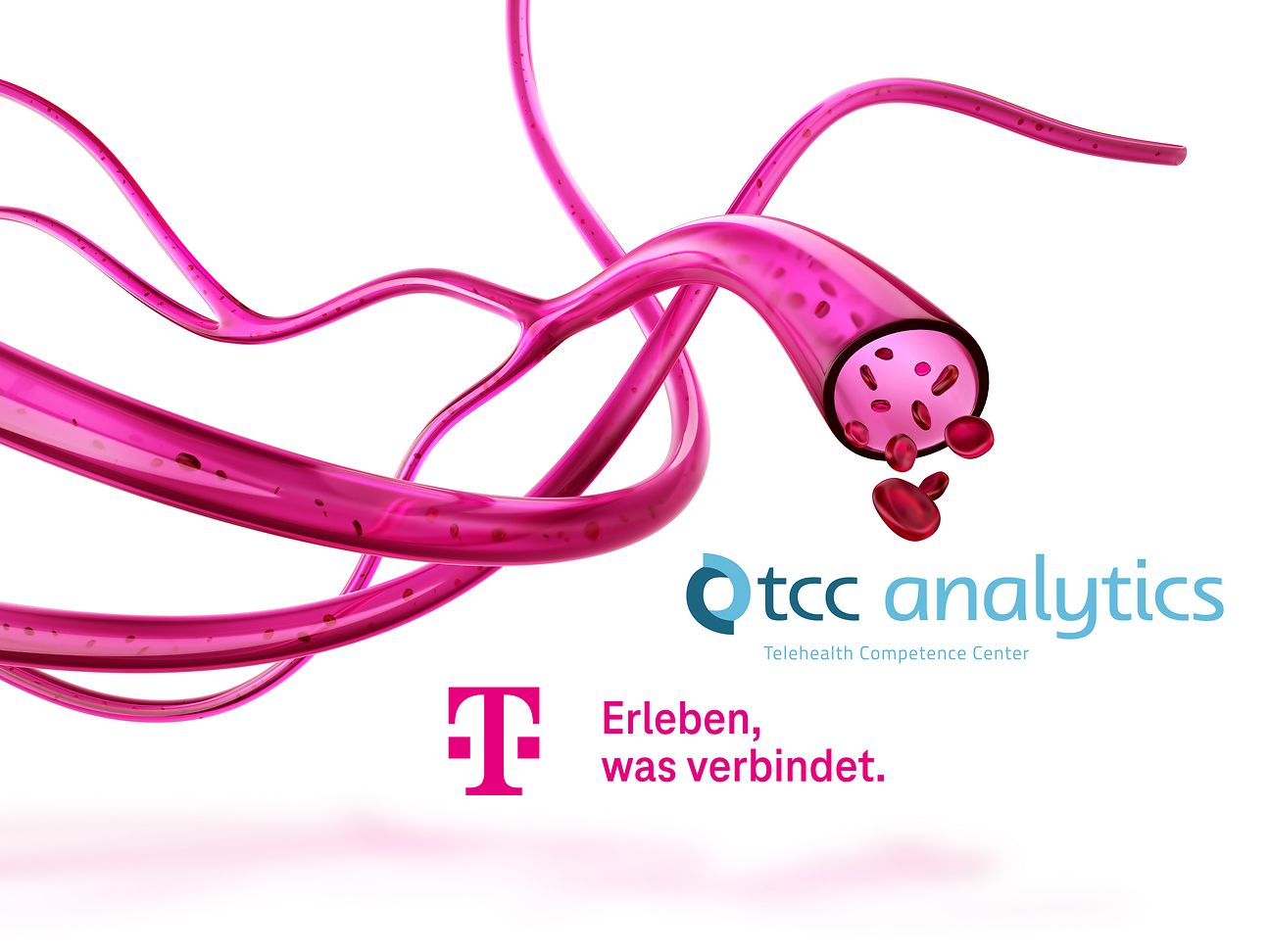 Logos von Telekom und TCC Analytics vor Grafik mit Blutbahnen