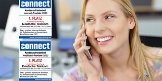 Zu sehen sind eine zufriedene Telekom Kundin und die beiden Siegel von connect