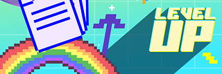 Regenbogen, Formulare, Stern und dem Schriftzug Level up im Pixel Stile