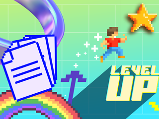 Regenbogen, Formulare, Stern und dem Schriftzug Level up im Pixel Stile