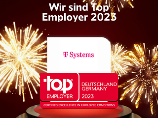 Logo von T-Systems und Top Employer auf Siegertreppe mit Feuerwerk im Hintergrund