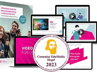 Siegel mit der Aufschrift Comenius Edu Media Siegel 2023, im Hintergrund verschiedene Bildschirme