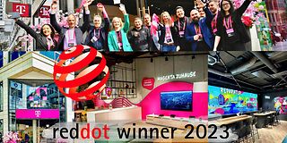 Eine Collage zeigt Fotos von der Shop Eröffnung in Hamburg mit Logo Red Dot Design Award.