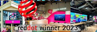 Eine Collage zeigt Fotos von der Shop Eröffnung in Hamburg mit Logo Red Dot Design Award.