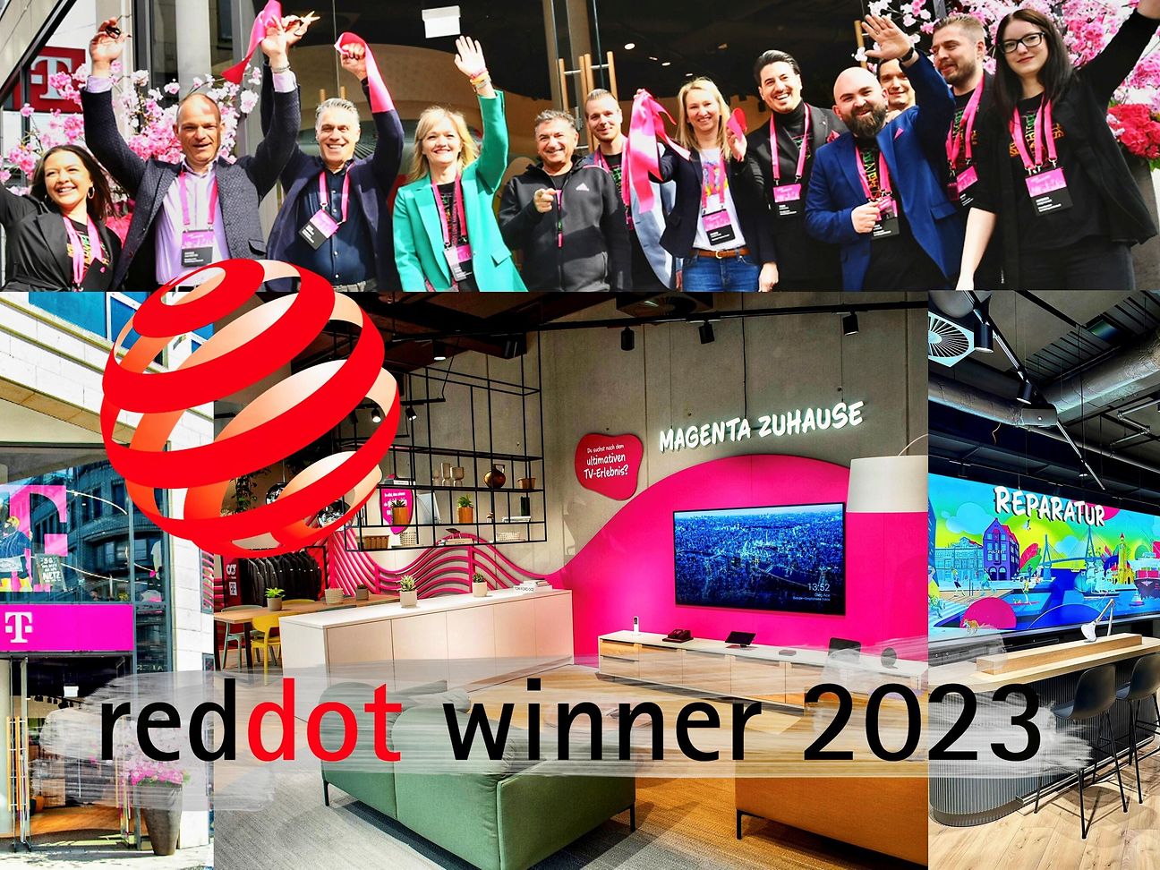 Eine Collage zeigt Fotos von der Shop Eröffnung in Hamburg mit Logo Red Dot Design Award.