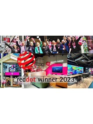 Eine Collage zeigt Fotos von der Shop Eröffnung in Hamburg mit Logo Red Dot Design Award.