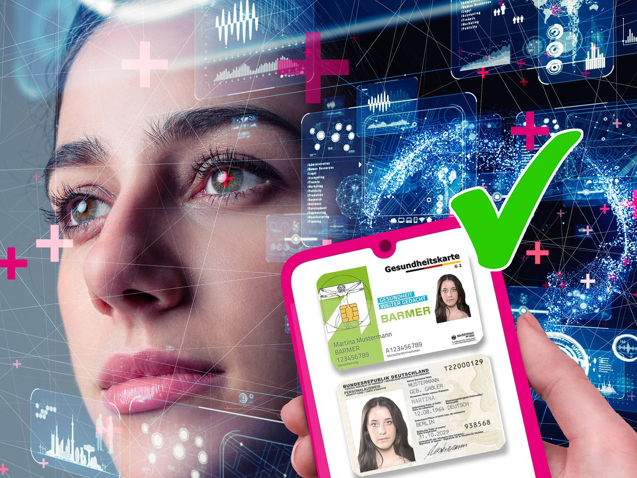 Smartphone screen with health insurance Barmer’s health ID card and an electronic ID card 