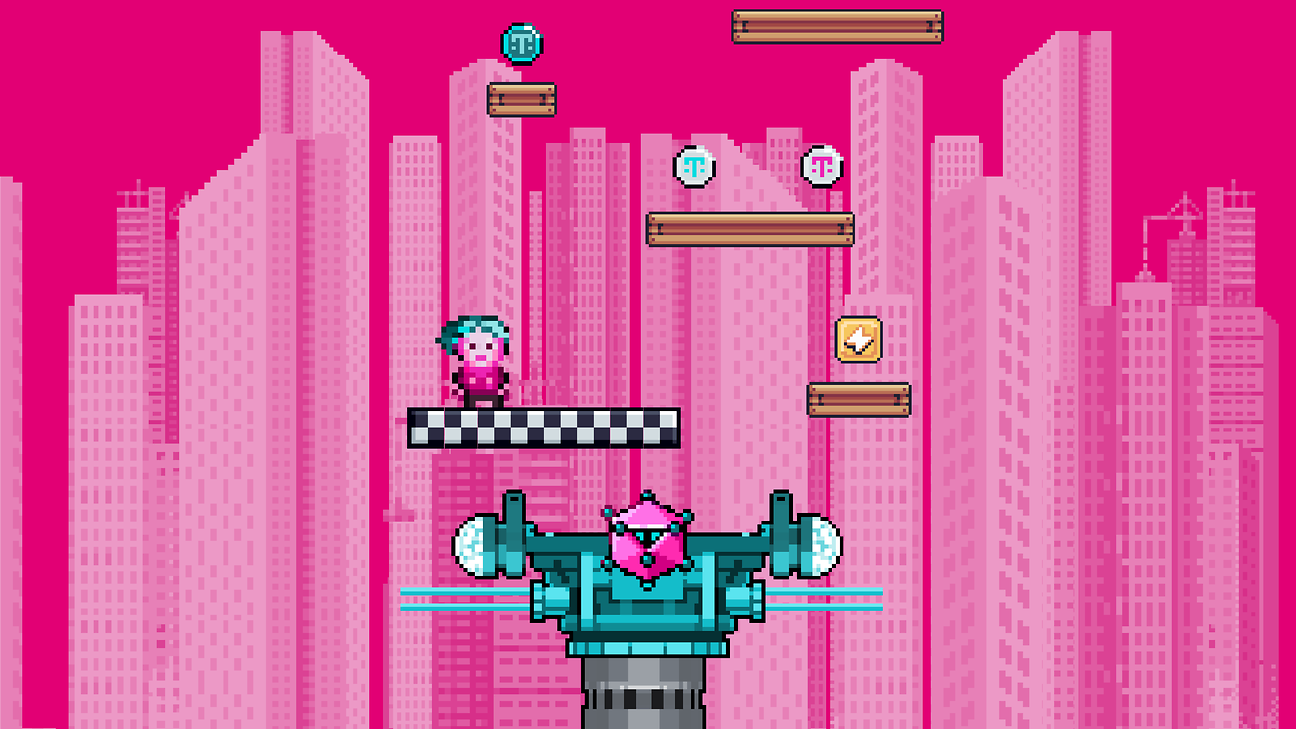 Magenta pixel video game with player and small Deutsche Telekom logos in a virtual city