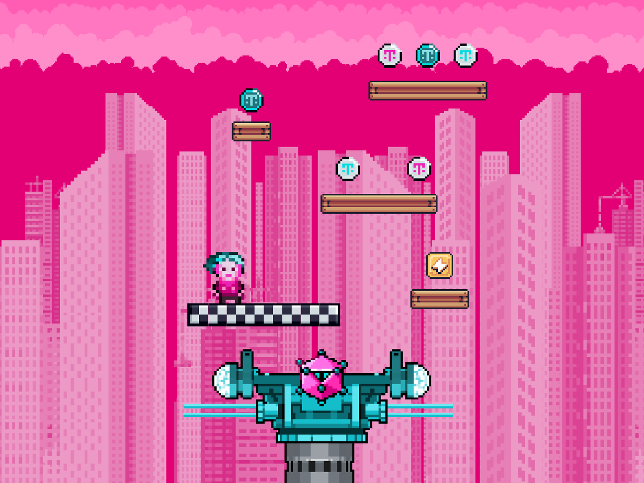 Magenta pixel video game with player and small Deutsche Telekom logos in a virtual city