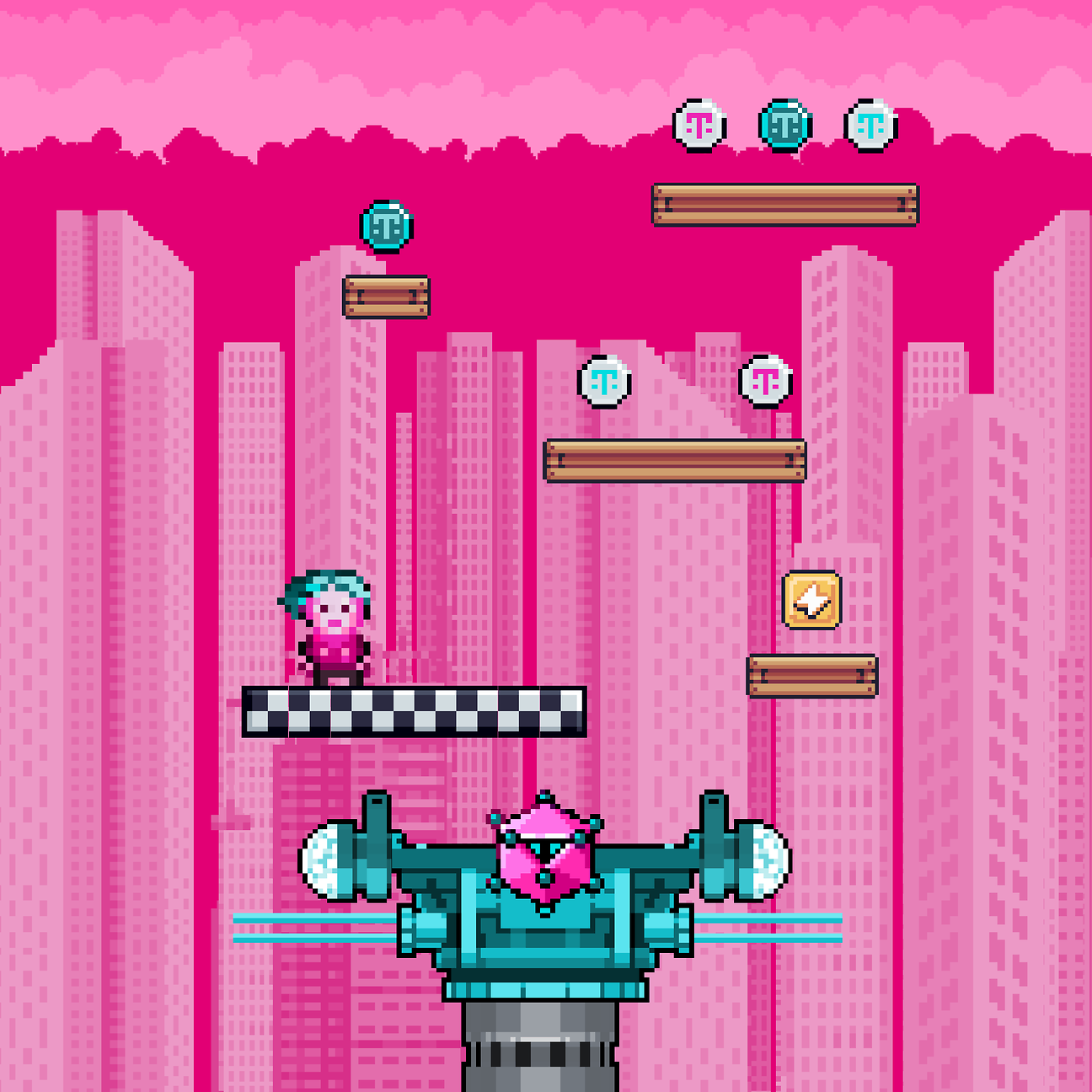 Magenta pixel video game with player and small Deutsche Telekom logos in a virtual city