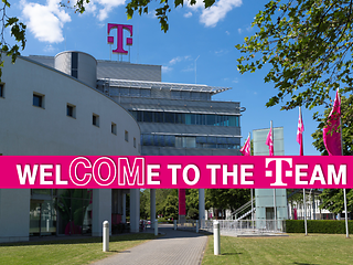 The Deutsche Telekom Headquarters are shown with a banner that reads “WelCOMe to 