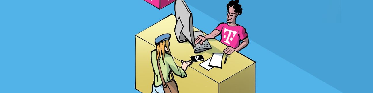 Eine Frau und ein Verkäufer im Telekom Geschäft.