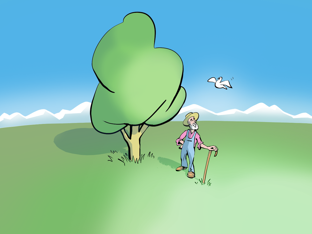 Ein Mann steht auf einer Wiese, Baum, Vogel.