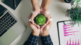 Symbolic image: four hands with a green, grassy ball in the middle.