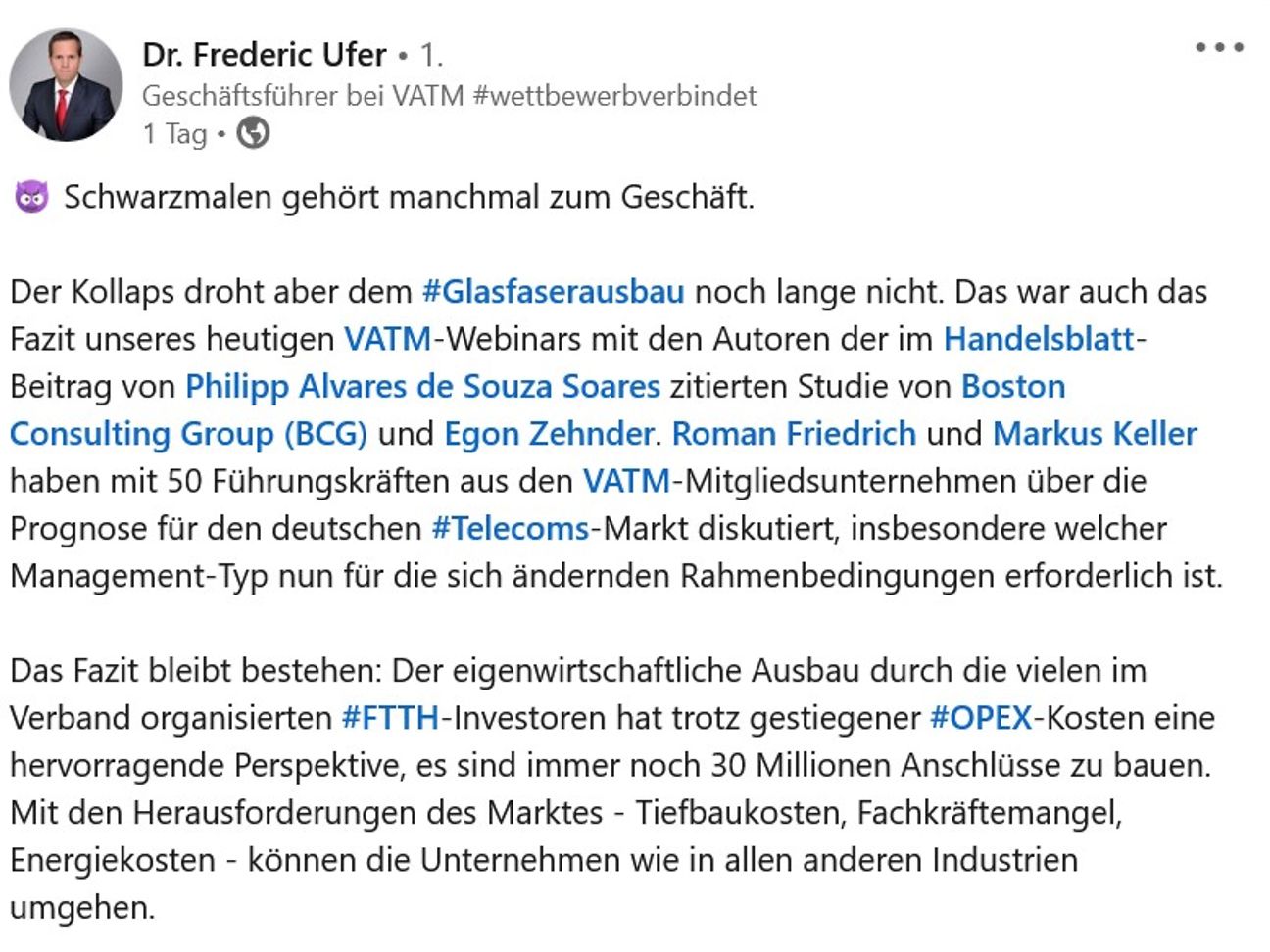 VATM-Geschäftsführer Frederic Ufer am 01.11.2023 auf LinkedIn zum Glasfaserausbau in Deutschland.
