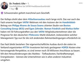 VATM-Geschäftsführer Frederic Ufer am 01.11.2023 auf LinkedIn zum Glasfaserausbau in Deutschland.