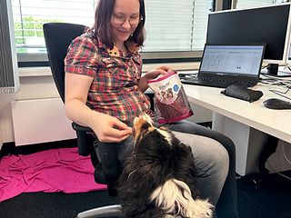 A woman feeds a dog.