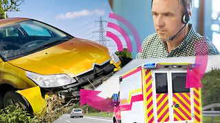 Das Bild zeigt die Kommunikation zwischen Unfall-Fahrzeug und Notrufzentrale. Ein Rettungswagen wird zum Unfallort geschickt.