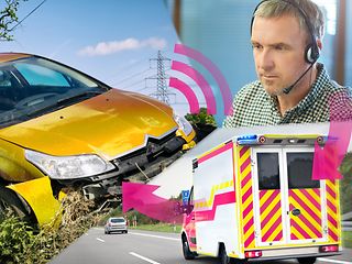 Das Bild zeigt die Kommunikation zwischen Unfall-Fahrzeug und Notrufzentrale. Ein Rettungswagen wird zum Unfallort geschickt.