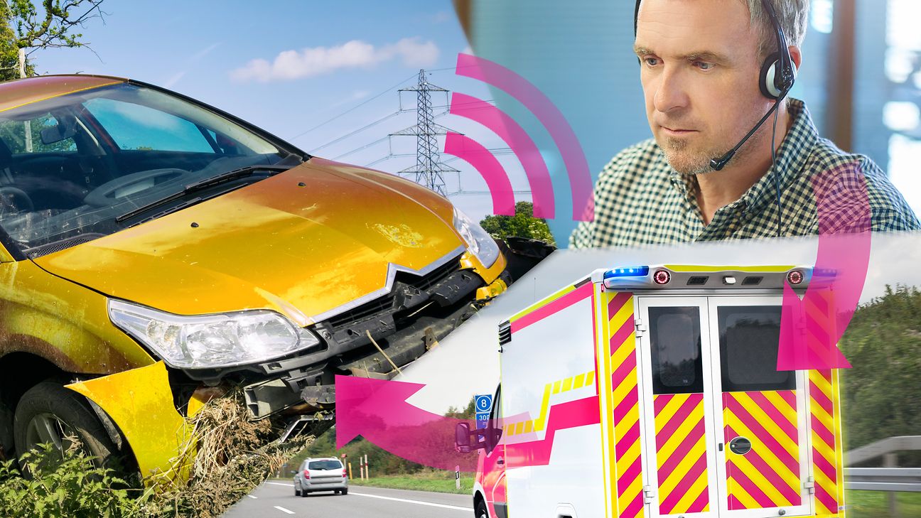 Communication between the accident vehicle and the emergency call center. An ambulance is sent to the scene of the accident.